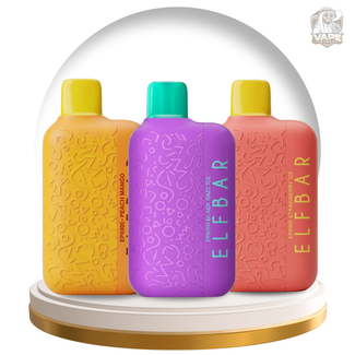 Buy Elf Bar EP8000 Puffs Disposable Vape 20mg in UAE, Three ELF BAR vape devices in yellow, purple, and pink on a white stand with a transparent dome.