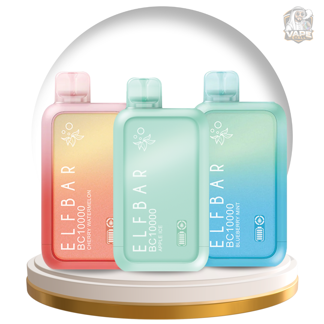 Buy Elf bar BC10000 Puffs Disposable Vape 20mg in UAE, Three gradient bottles labeled 'ELF BAR' on a white background