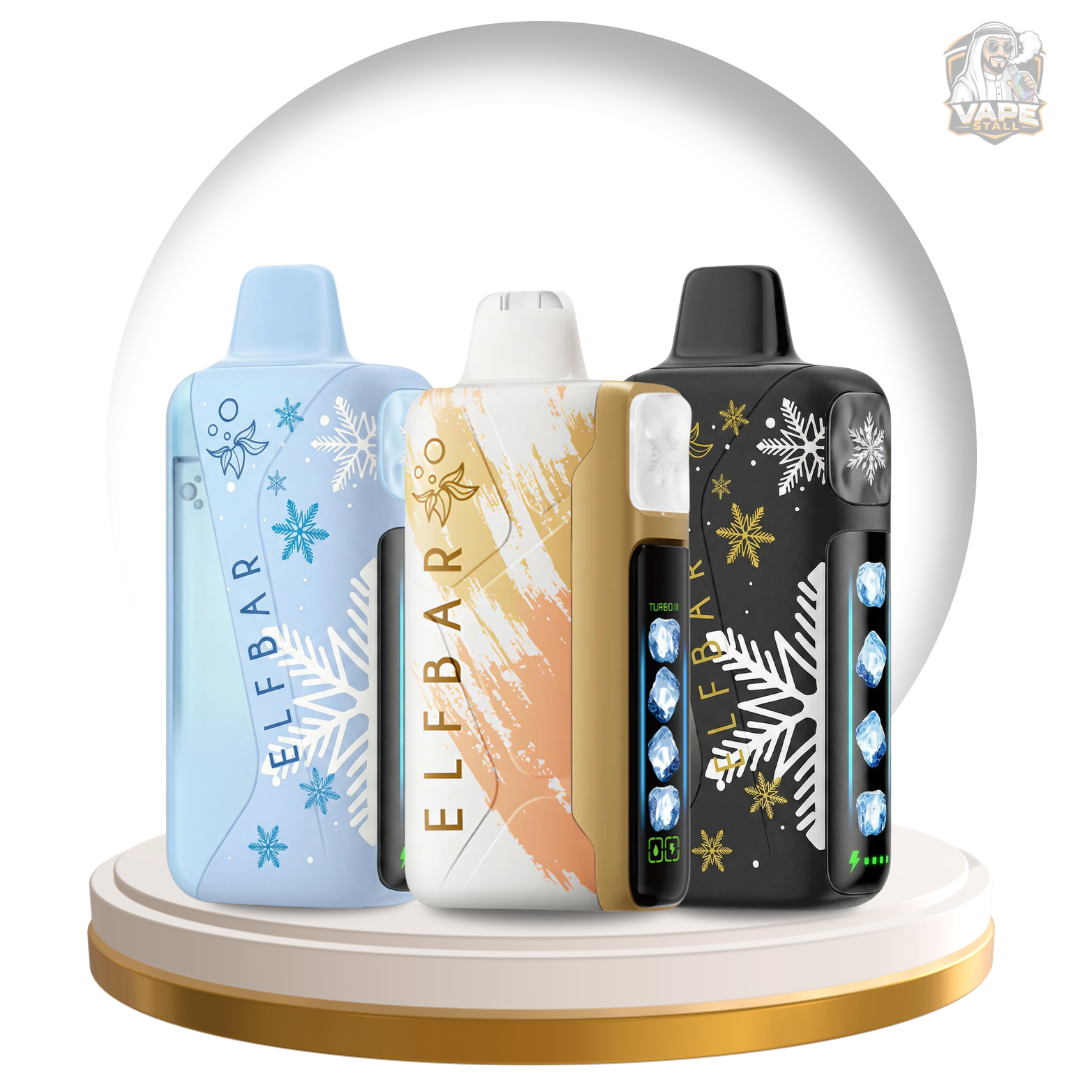 Buy Elf bar Ice King Pro 40000 Puffs 50mg Disposable Vape in UAE, Three vape devices with 'Elebar' branding under a glass dome on a white background.