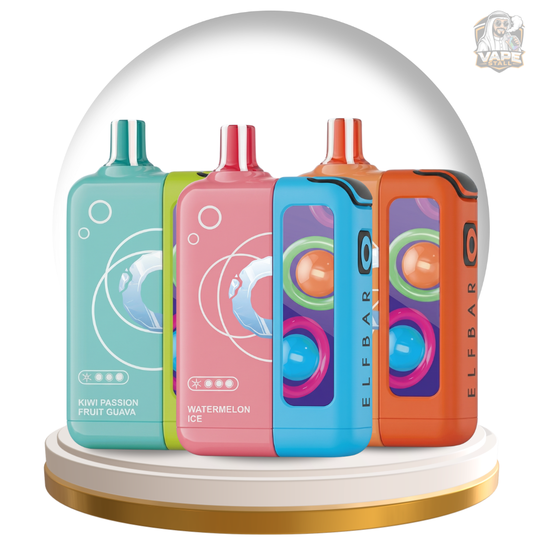 Buy Elf bar JoinOne Ice 25000 Puffs 50mg Pod Kit in UAE, Colorful vape devices on a turntable with a transparent dome