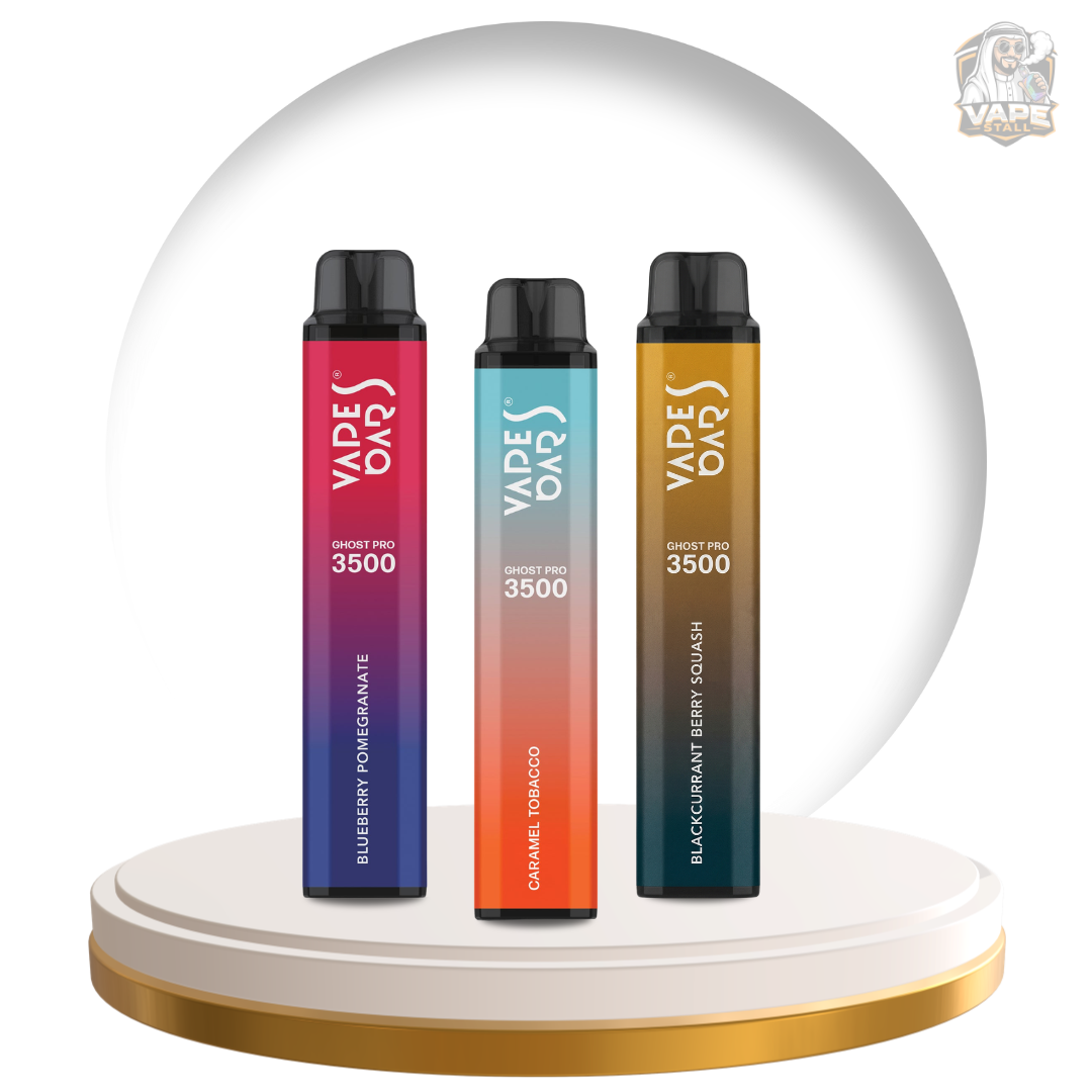 Buy Ghost Pro 3500 Puff 20mg Disposable Vape in UAE, Three Vape Oak vape devices on a round stand with a transparent dome