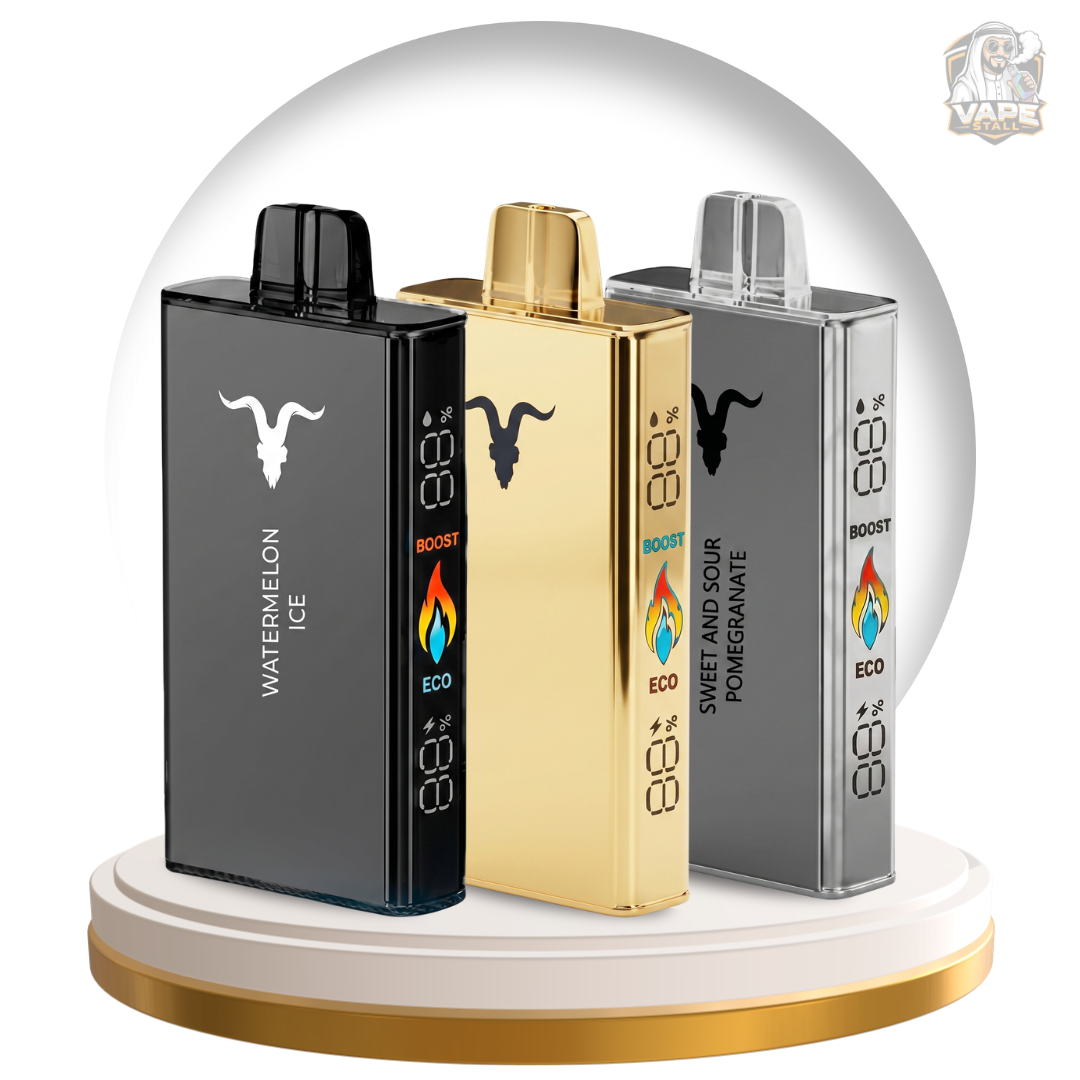 Buy Ignite V250 25000 Puff 50mg Disposable Vape in UAE, Three vape devices on a stand with a clear dome, featuring different colors and branding.