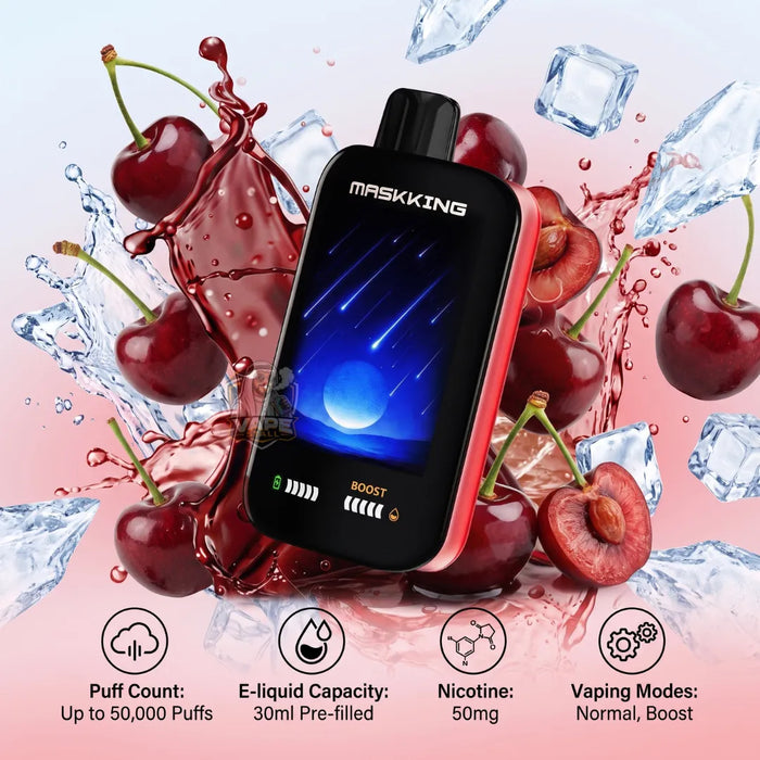 A Maskking disposable vape device with a black screen and red sides, surrounded by fresh cherries, ice cubes, and liquid splashes. The image includes feature icons and text at the bottom detailing puff count, e-liquid capacity, nicotine strength, and vaping modes.