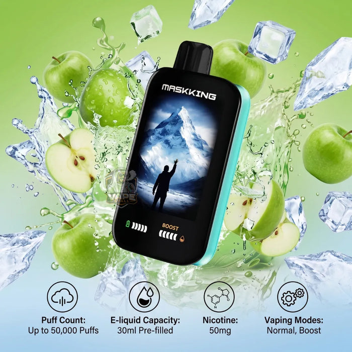 A Maskking disposable vape device with a turquoise side frame and a black front face displaying a mountain graphic, surrounded by green apples, ice cubes, and water splashes on a light green background. Four feature icons and text are shown along the bottom.