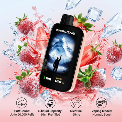 A Maskking disposable vape device with a black screen showing a mountain scene, surrounded by strawberries, ice cubes, and pink liquid splashes. Text at the bottom lists puff count, e-liquid capacity, nicotine, and vaping modes.