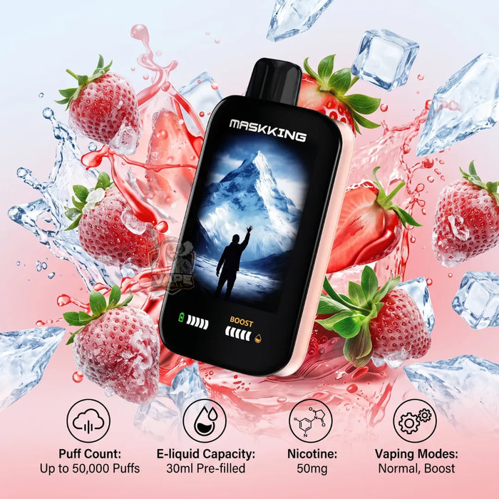 A Maskking disposable vape device with a black screen showing a mountain scene, surrounded by strawberries, ice cubes, and pink liquid splashes. Text at the bottom lists puff count, e-liquid capacity, nicotine, and vaping modes.