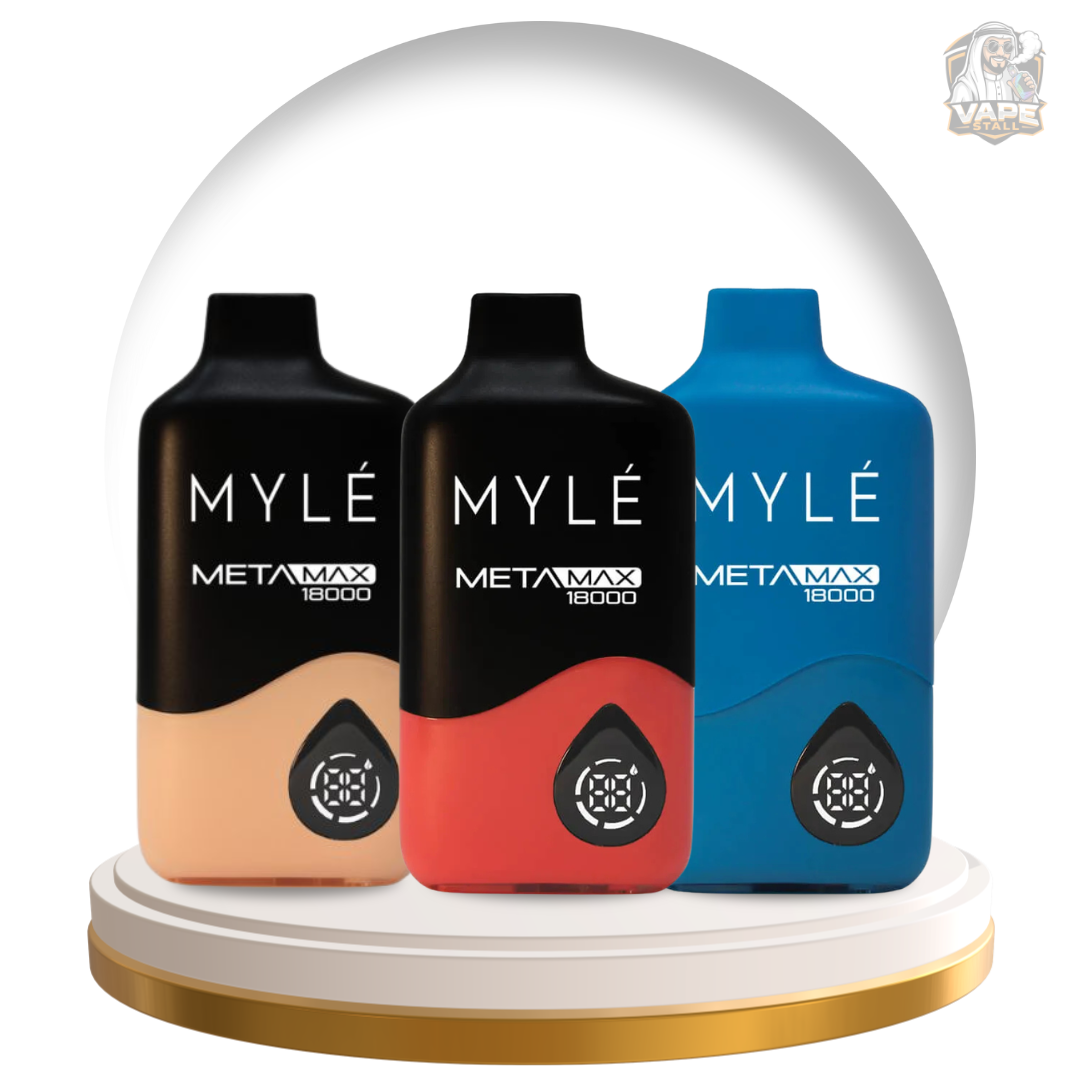 Buy Myle Meta Max 18000 Puff 50mg Disposable Vape in UAE, Three MYLE META MAX vape devices in black, red, and blue on a white background.