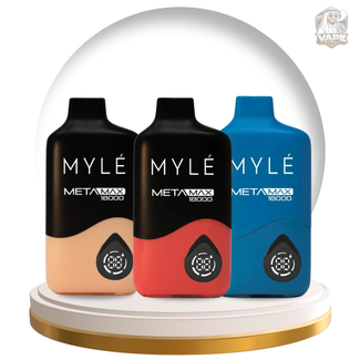 Buy Myle Meta Max 18000 Puff 50mg Disposable Vape in UAE, Three MYLE META MAX vape devices in black, red, and blue on a white background.
