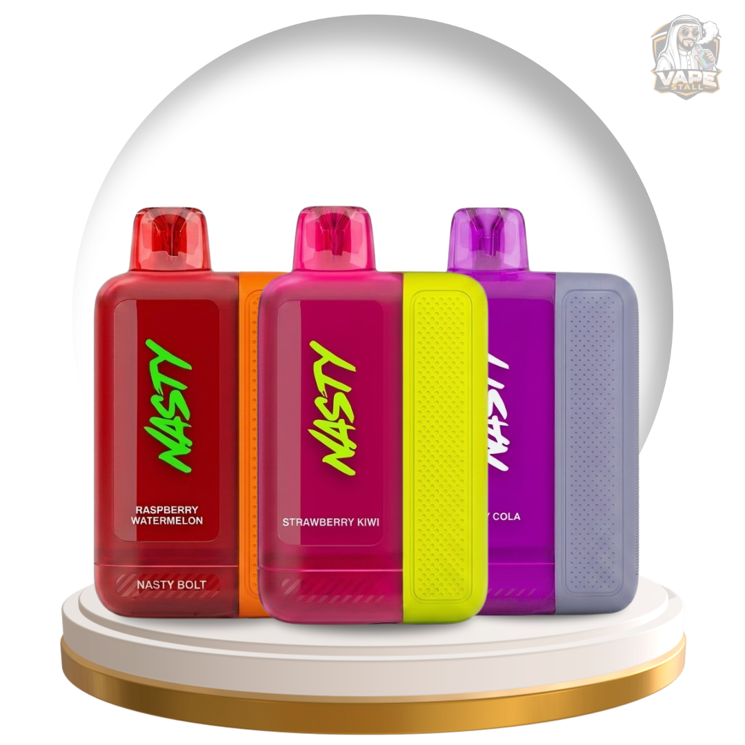 Three colorful vape devices with 'Nasty' branding under a transparent dome on a white background.