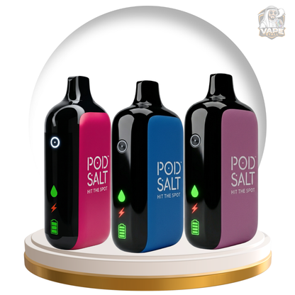 Buy Pod Salt 35000 Puffs 20mg Disposable Vape in UAE, Three Pod Salt vape devices on a display stand with a clear dome cover.