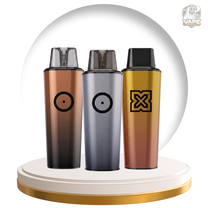 Three vape devices displayed side by side on a white and gold circular pedestal. The devices have a metallic finish in rose gold, silver, and gold, with black and clear mouthpieces.