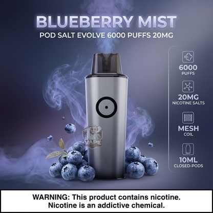 A vape device labeled 'BLUEBERRY MIST' with text reading 'POD SALT EVOLVE 6000 PUFFS 20MG' and feature callouts on the right. The device is centered against a smoky blue-gray background with blueberries around its base.