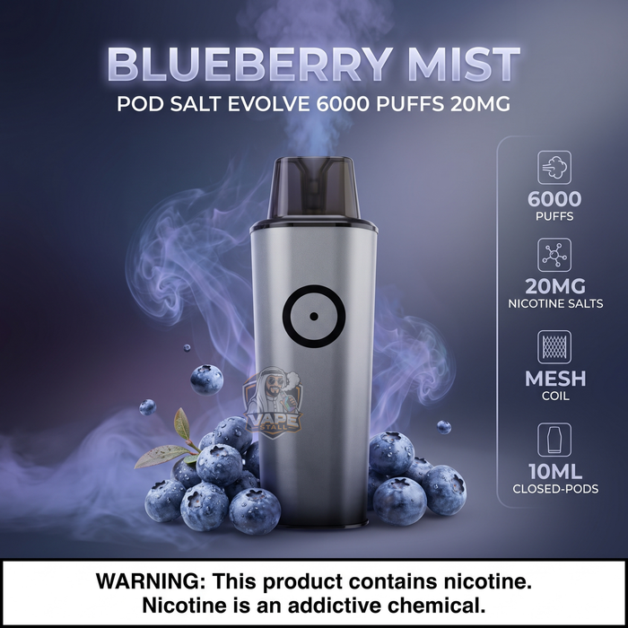 A vape device labeled 'BLUEBERRY MIST' with text reading 'POD SALT EVOLVE 6000 PUFFS 20MG' and feature callouts on the right. The device is centered against a smoky blue-gray background with blueberries around its base.