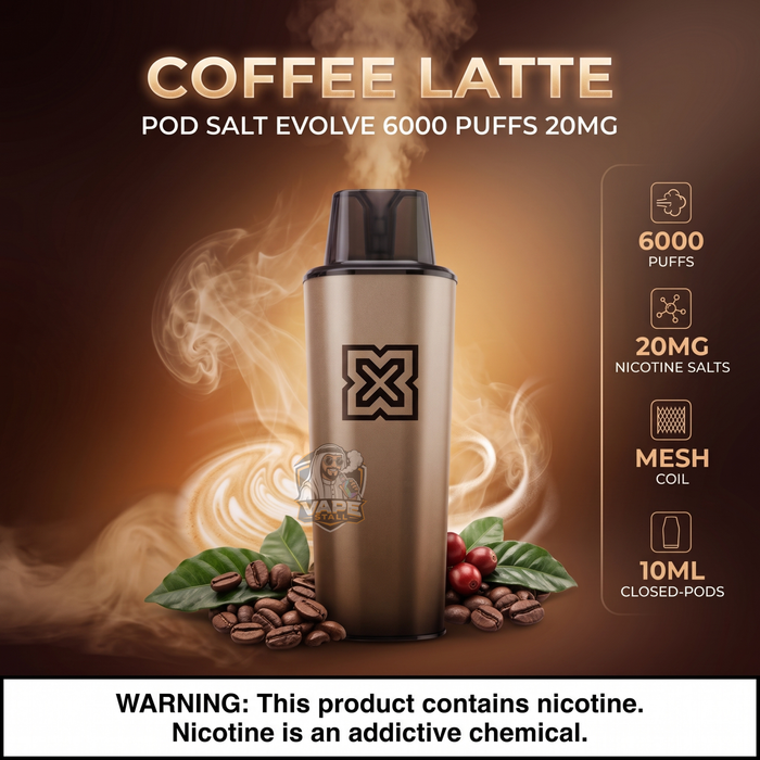 A coffee latte pod salt vape device in a metallic bronze color with a black mouthpiece, shown with coffee beans, green leaves, and rising steam on a dark brown background. Text on the image highlights 'COFFEE LATTE' and product specifications like 6000 puffs, 20mg nicotine salts, mesh coil, and 10ml closed-pods.