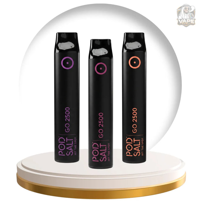 Three black POD SALT GO 2500 disposable vape devices with different colored circular icons (purple, pink, and orange) displayed on a white and gold rotating platform.