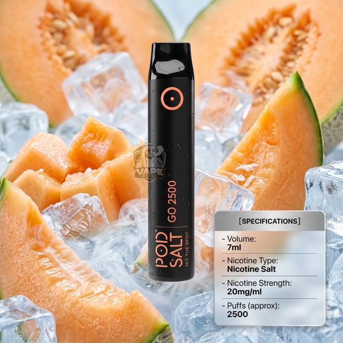 A black disposable vape device labeled 'POP SALT GO 2500' stands upright in ice cubes with sliced cantaloupe melon pieces around it. A specification panel appears on the right side.