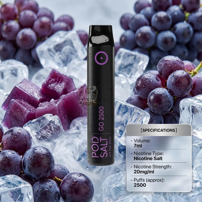 A black vape pen labeled 'POP SALT GO 2500' stands upright in a styled arrangement with purple grapes and ice cubes. A semi-transparent specifications panel appears on the right side.