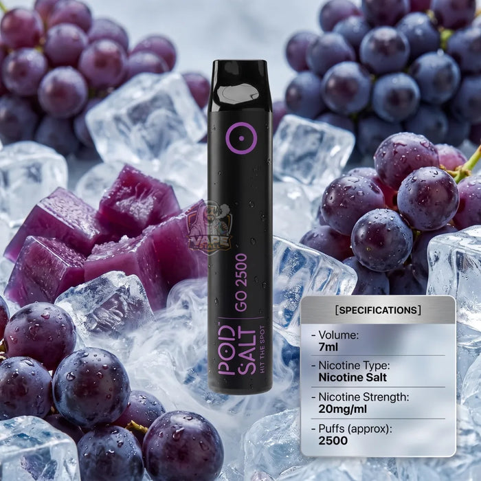 A black vape pen labeled 'POP SALT GO 2500' stands upright in a styled arrangement with purple grapes and ice cubes. A semi-transparent specifications panel appears on the right side.