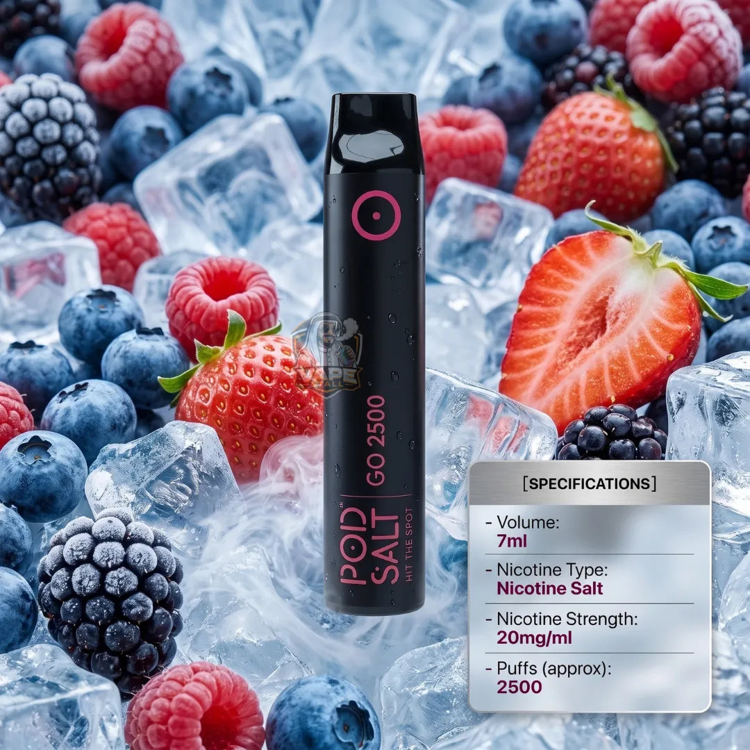 A black Pop Salt Go 2500 disposable vape device stands upright in a bed of ice cubes, surrounded by fresh berries and strawberries. A grey information card on the right lists the product specifications.