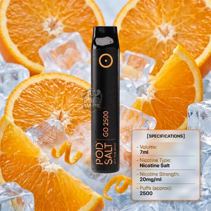 A black disposable vape device labeled 'POP SALT GO 2500' stands upright in a styled arrangement of orange slices and ice cubes. A spec box on the right lists volume, nicotine type, strength, and puffs.
