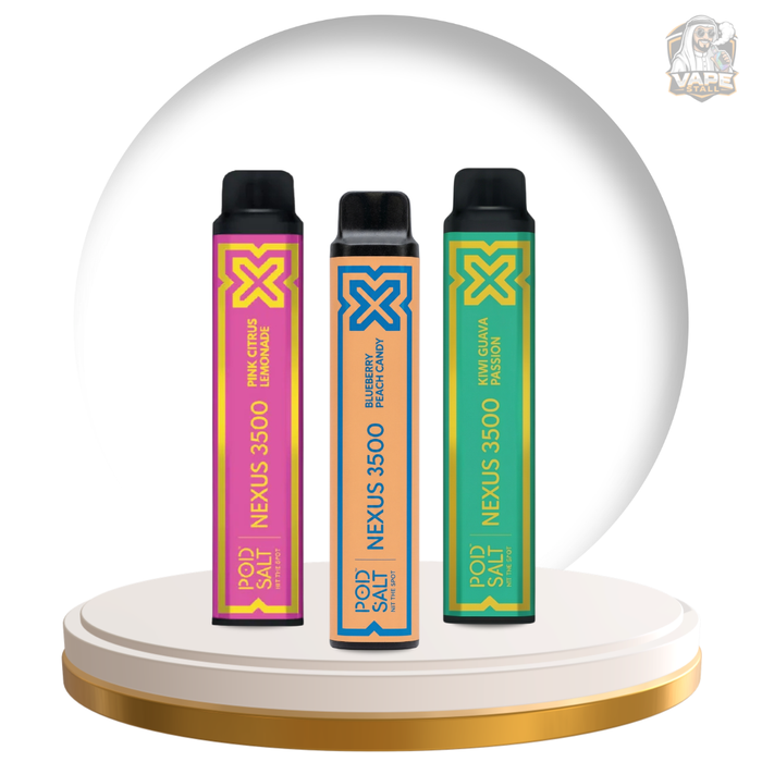 Buy Pod Salt Nexus 3500 puff 20mg Disposable Vape in UAE, Three vape pods with colorful packaging on a white and gold stand inside a transparent dome, with 'Vape Lab' branding.