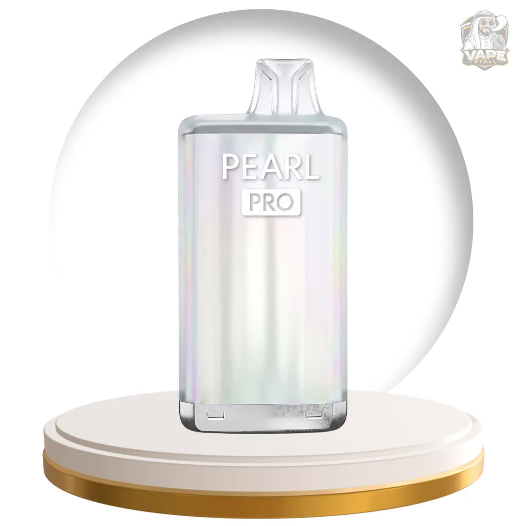 A Pearl Pro disposable vape device with an iridescent silver body, displayed on a white and gold circular pedestal against a white background with a large gray halo graphic.