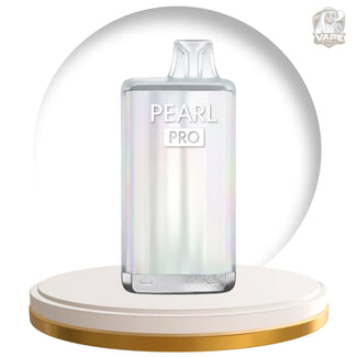 A Pearl Pro disposable vape device with an iridescent silver body, displayed on a white and gold circular pedestal against a white background with a large gray halo graphic.