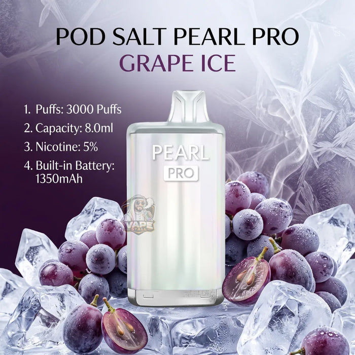 A clear rectangular vape pod bottle labeled 'PEARL PRO' centered on a purple-to-gray smoky background, surrounded by grape imagery and ice cubes. Text at the top reads 'POD SALT PEARL PRO GRAPE ICE' with feature callouts on the left.