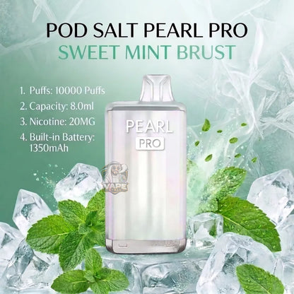 A Pod Salt Pearl Pro disposable vape device in Sweet Mint Brust flavor, shown with mint leaves and ice cubes on a light green background with product specifications listed on the left.