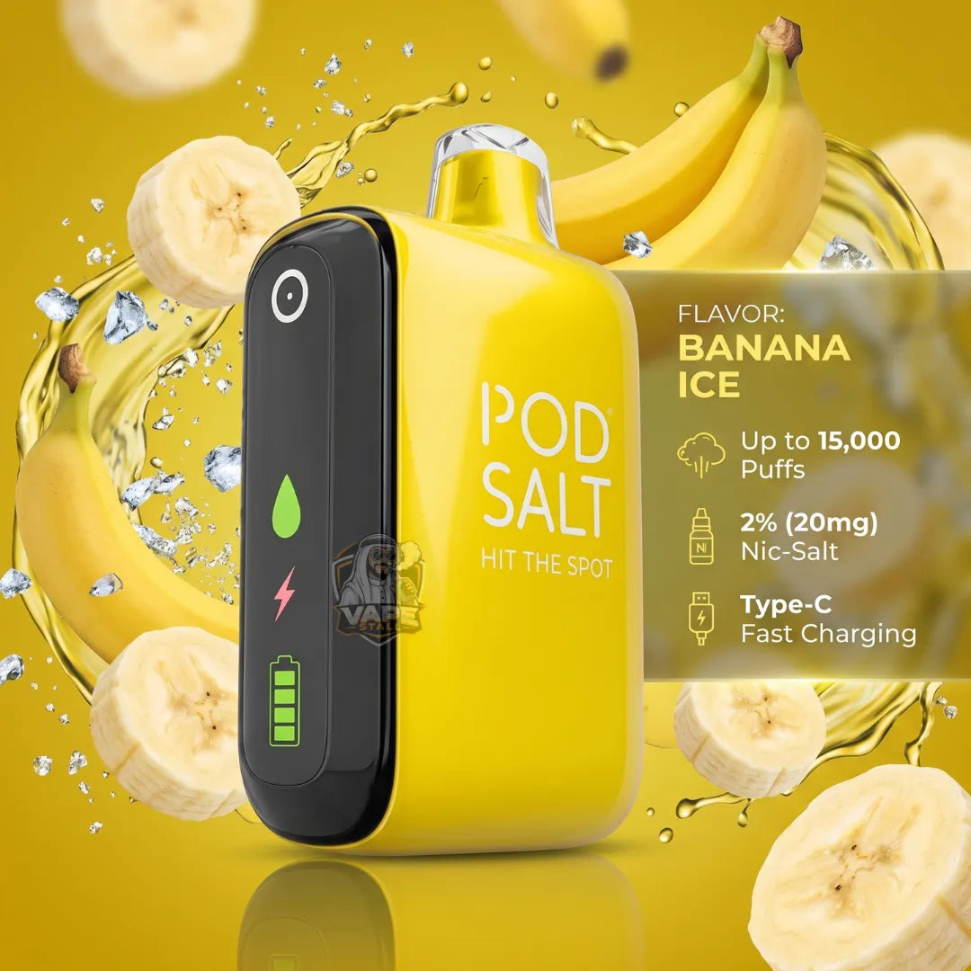 Yellow and black Pod Salt disposable vape device with banana ice flavor, surrounded by banana slices and liquid splashes on a yellow background, with product details text on the right.
