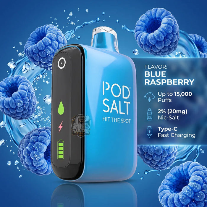 A blue Pod Salt disposable vape device with a black side panel showing battery and flavor graphics, surrounded by blue raspberry imagery and a text panel that reads 'Flavor: Blue Raspberry' with product details. The background is blue with water splash effects and raspberry graphics.