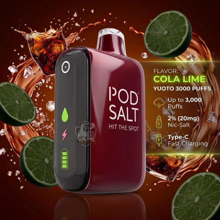 A red and black Pod Salt disposable vape device with 'POD SALT HIT THE SPOT' printed on the side, surrounded by a dynamic background of cola splashes, ice, and lime slices. Text on the right specifies the flavor as 'COLA LIME' and includes product details.