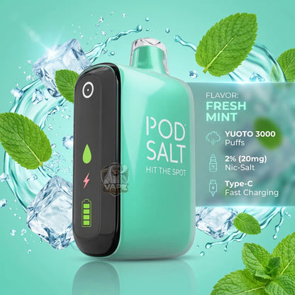 A mint green and black Yuto Pod Salt vape device with 'Fresh Mint' flavor text and ice splash graphics on a teal background.