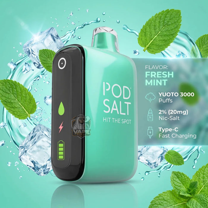 A mint green and black Yuto Pod Salt vape device with 'Fresh Mint' flavor text and ice splash graphics on a teal background.
