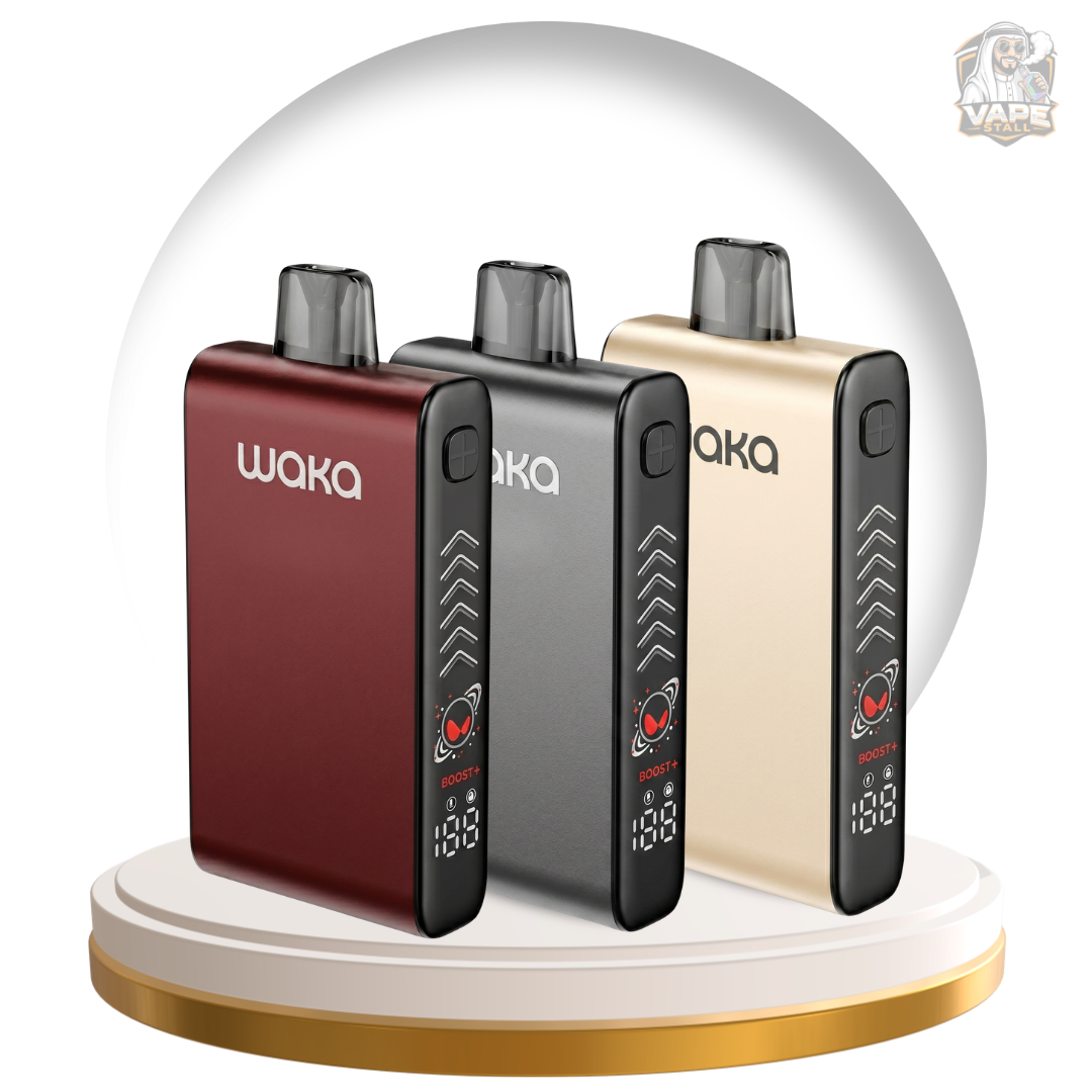 Buy Waka Blade 50000 puffs 50mg Nicotine Adjustable vape in UAE, Three Waka vape devices on a white and gold stand with a transparent dome.