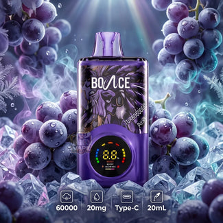 A purple BOvICE disposable vape device with a digital display screen, set against a background of fresh purple grapes and ice cubes with a light beam effect. Four feature icons at the bottom indicate 60000 puffs, 20mg strength, Type-C connectivity, and 20mL capacity.