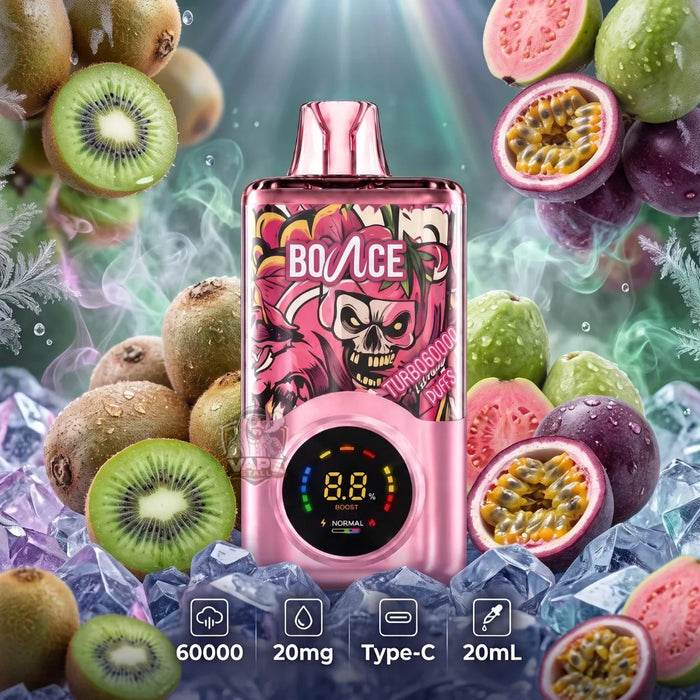A pink Bounce disposable vape device with a cartoon skull graphic and 'Tropical Punch' flavor text, surrounded by fresh kiwi, passion fruit, and ice cubes. The image includes feature icons at the bottom indicating 60000 puffs, 20mg strength, Type-C charging, and 20mL battery.