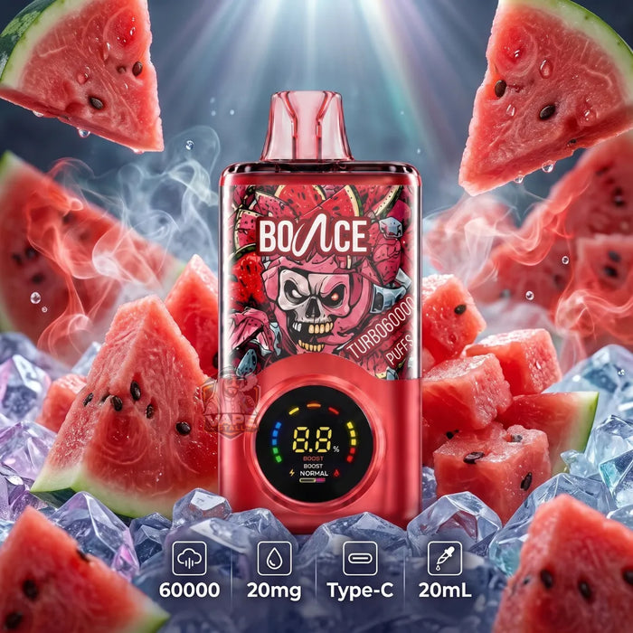 A red BOvACE disposable vape device with a skull graphic and digital display, surrounded by floating watermelon slices and ice cubes. Infographic text at the bottom lists 60000 puffs, 20mg strength, Type-C, and 20mL capacity.