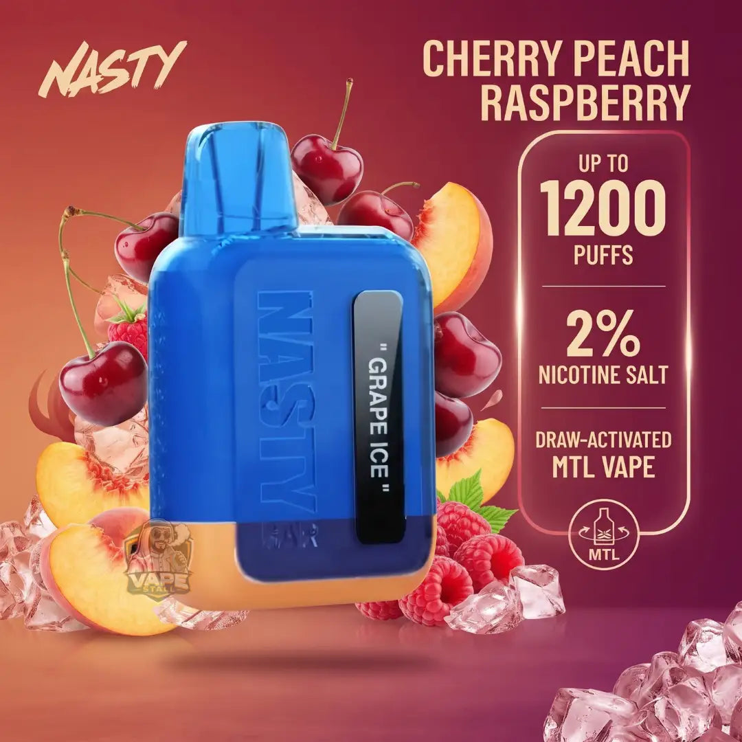 A NASTY Grape Ice vape device in blue and orange, surrounded by fresh cherries, raspberries, peach slices, and ice cubes on a dark red background. Text on the right highlights 'Cherry Peach Raspberry' flavor, up to 1200 puffs, 2% nicotine salt, and draw-activated MTL vape features.