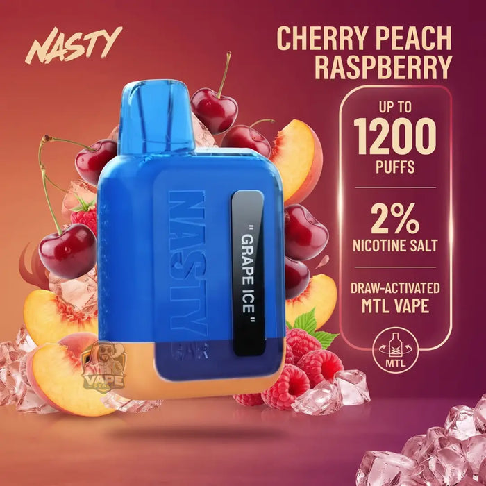 A NASTY Grape Ice vape device in blue and orange, surrounded by fresh cherries, raspberries, peach slices, and ice cubes on a dark red background. Text on the right highlights 'Cherry Peach Raspberry' flavor, up to 1200 puffs, 2% nicotine salt, and draw-activated MTL vape features.