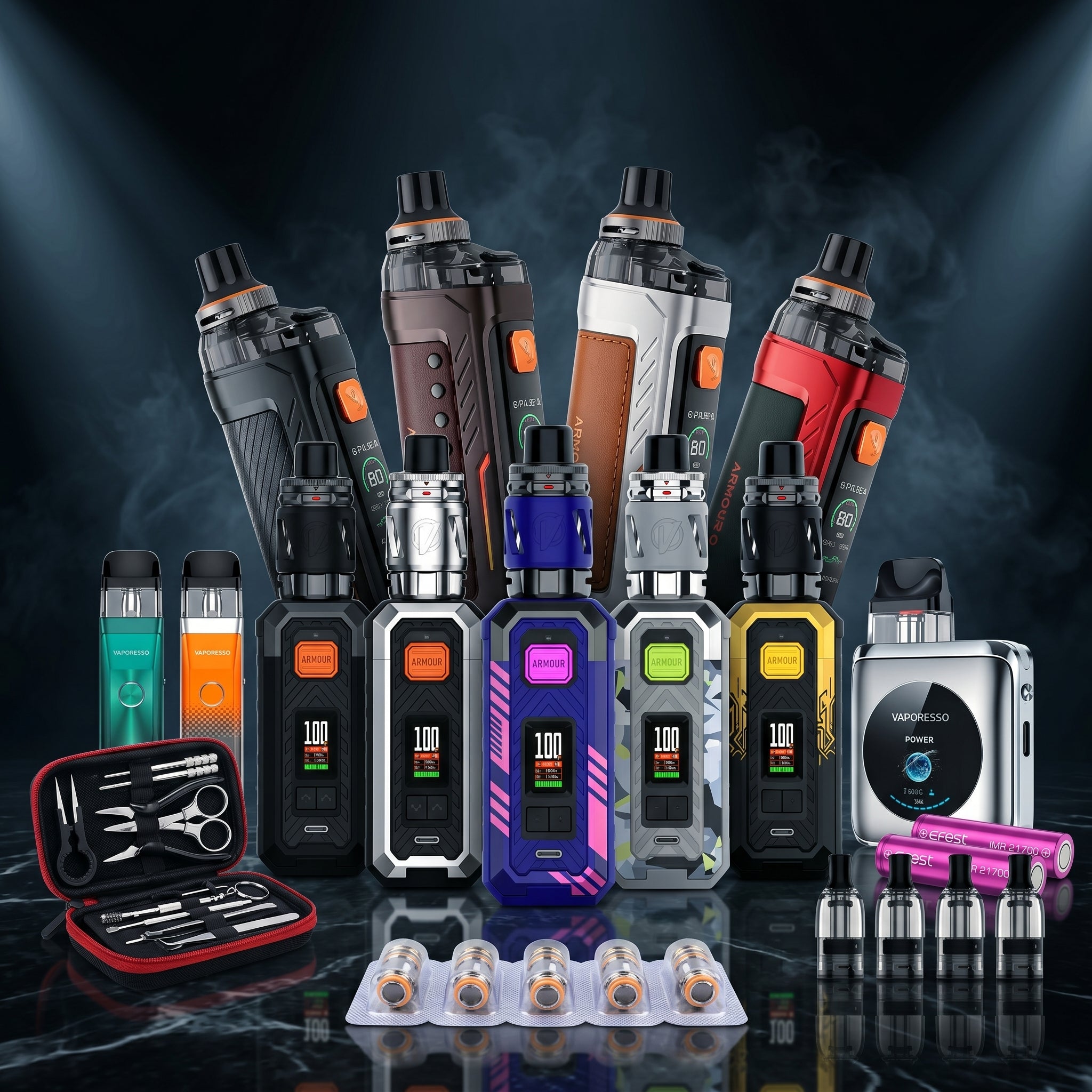 Collection of various vaping devices and accessories on a dark background