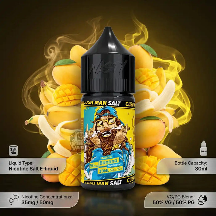 A bottle of Cush Man Salt e-liquid in Mango Banana flavor, centered against a dark background with illustrated mangoes, bananas, and yellow smoke. The bottle has a black cap and a colorful label featuring a cartoon character.