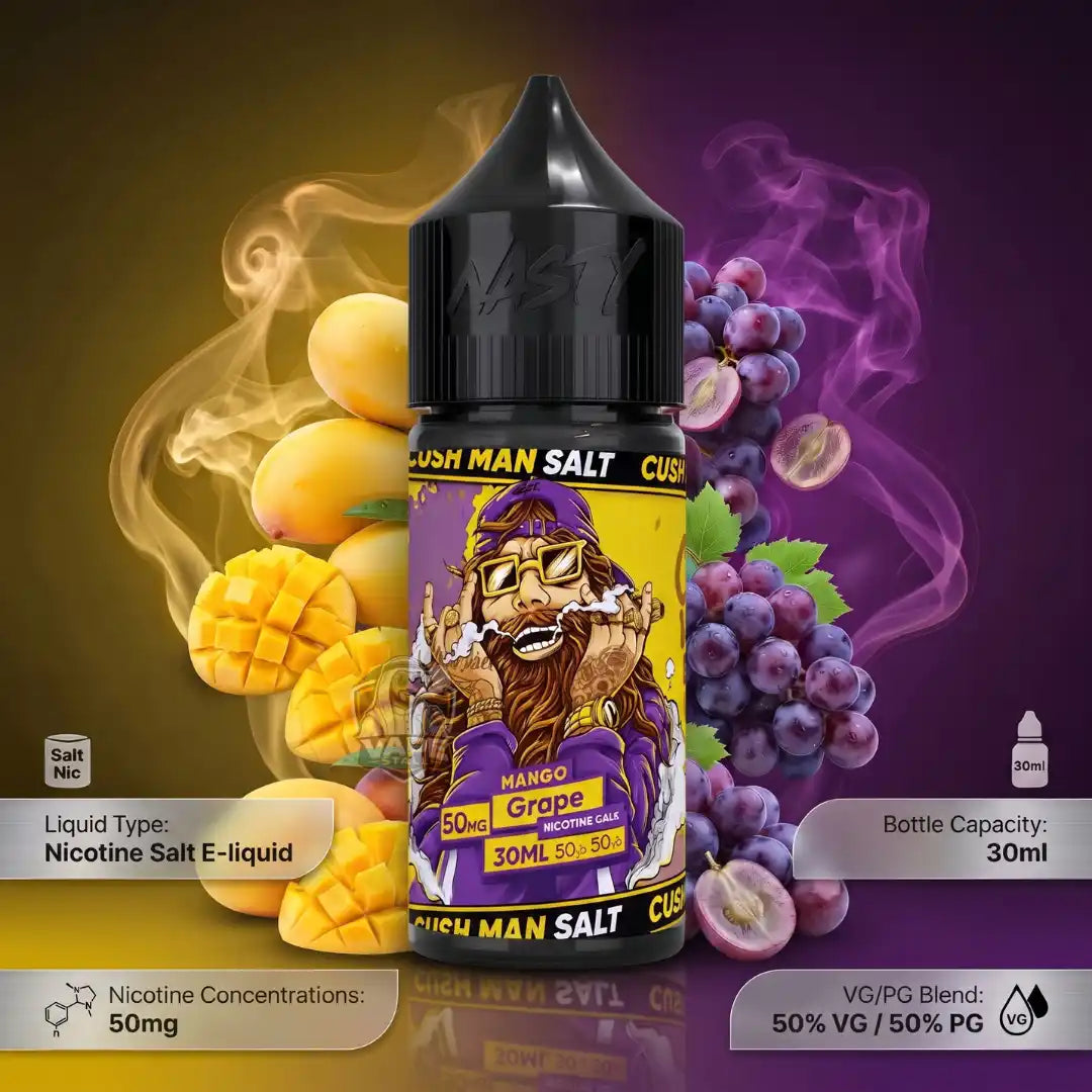 A 30ml bottle of Nasty 'Cush Man Salt' Grape e-liquid, featuring a colorful cartoon label with a bearded man in a purple outfit, set against a split background of yellow mangoes on the left and purple grapes with smoke on the right.