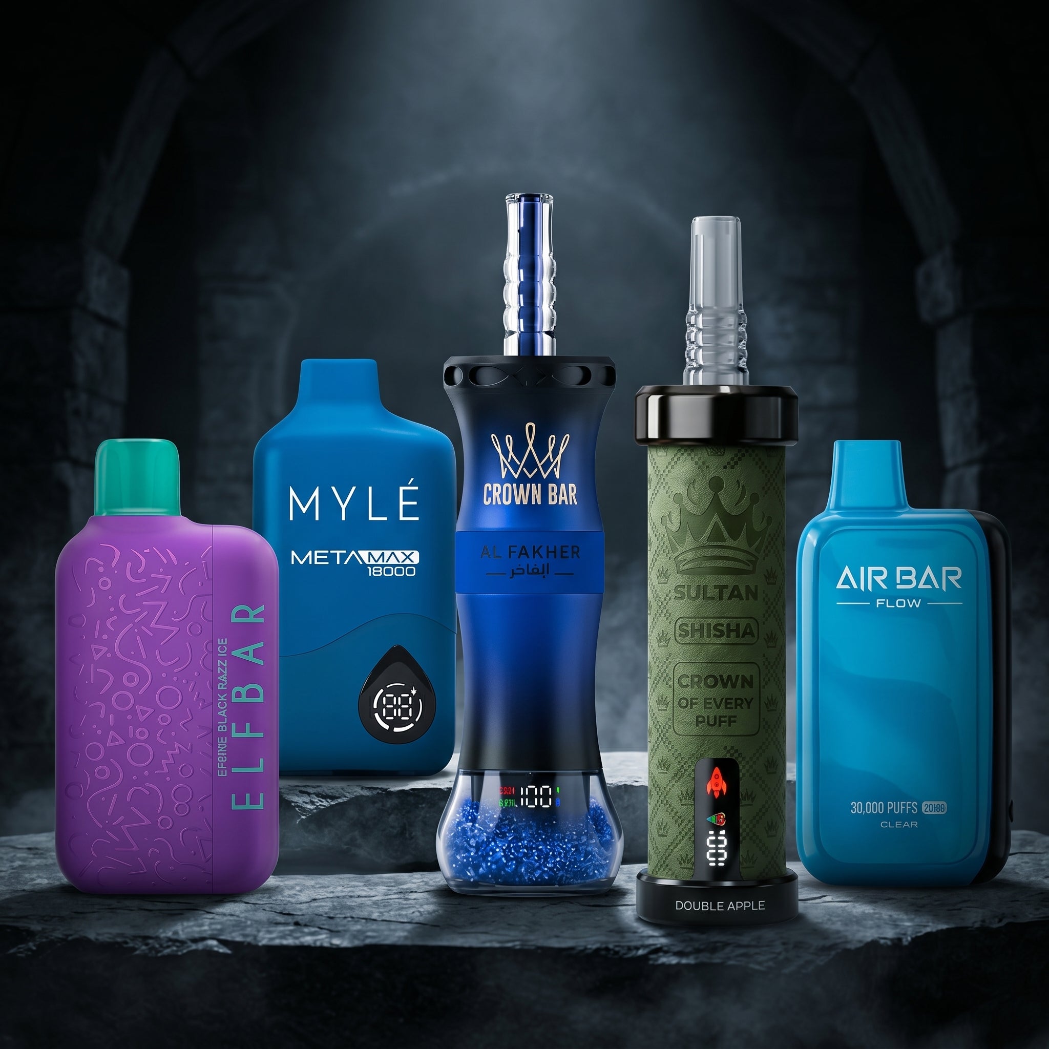 Collection of vaping devices with visible brand names on a dark background