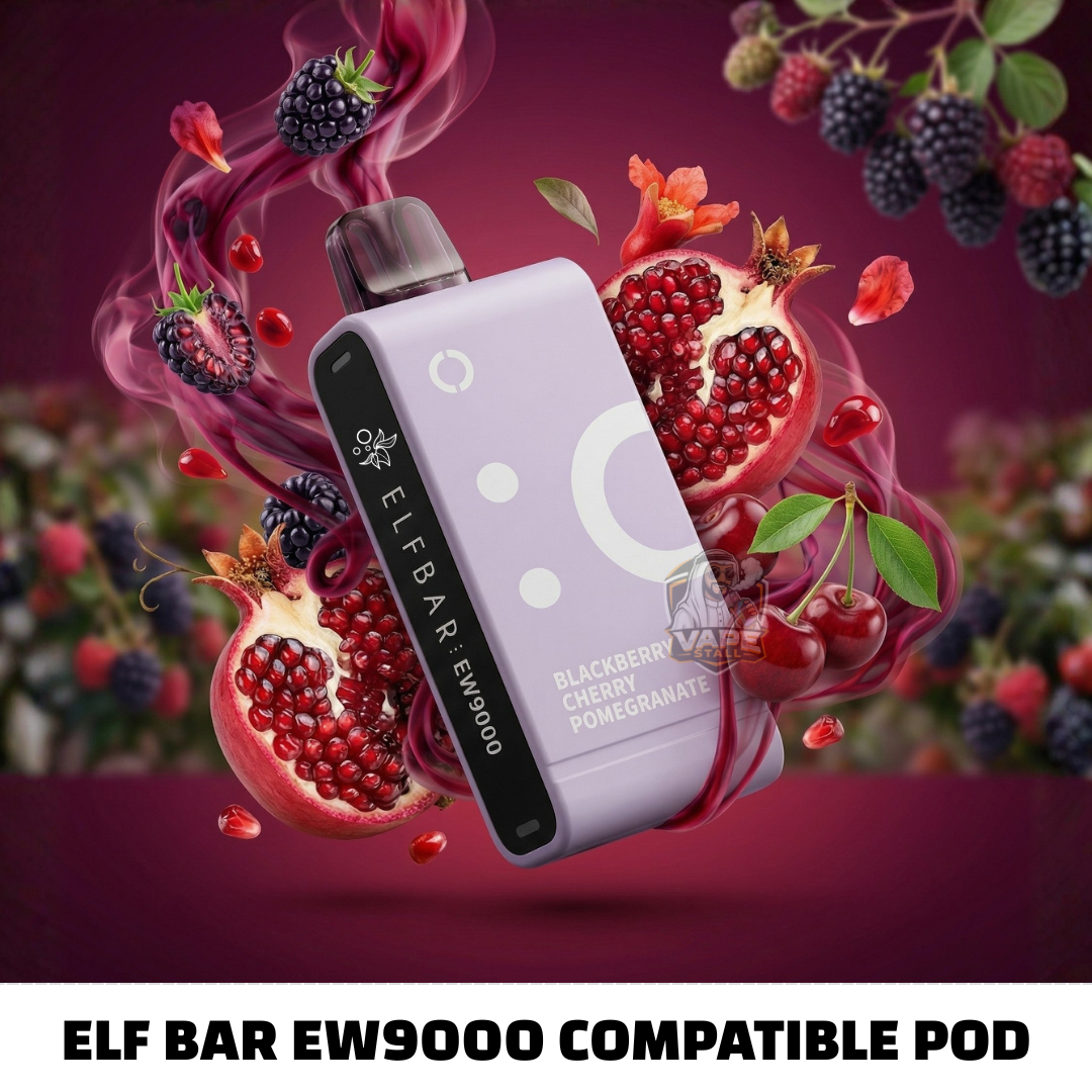Elf Bar EW9000 compatible pod surrounded by fruit and smoke on a vibrant background, 