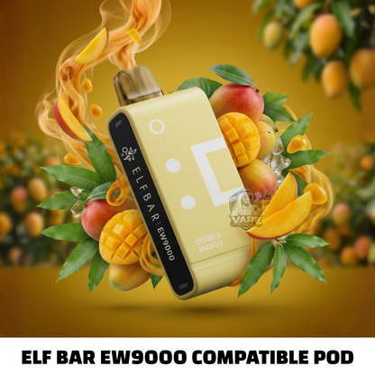 Yellow vape pod with fruits and leaves on a yellow background, featuring 'ELF BAR EW9000 Compatible Pod'.