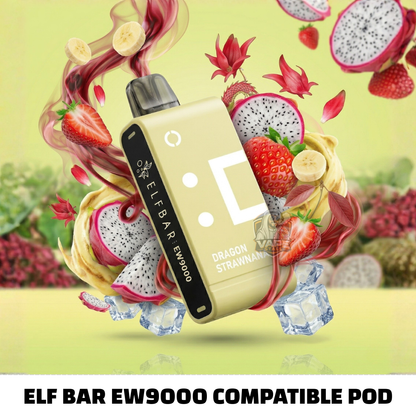 Elf Bar EW9000 compatible pod surrounded by dragon fruit, strawberries, and ice on a vibrant background.
