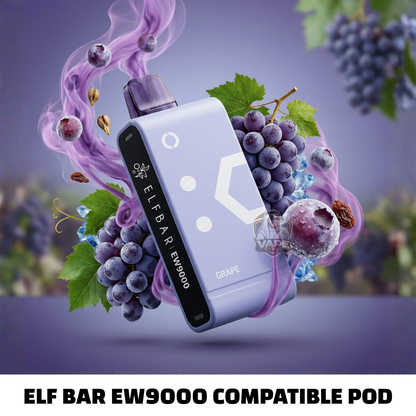 Elf Bar EW9000 compatible pod with grapes and smoke on a purple background