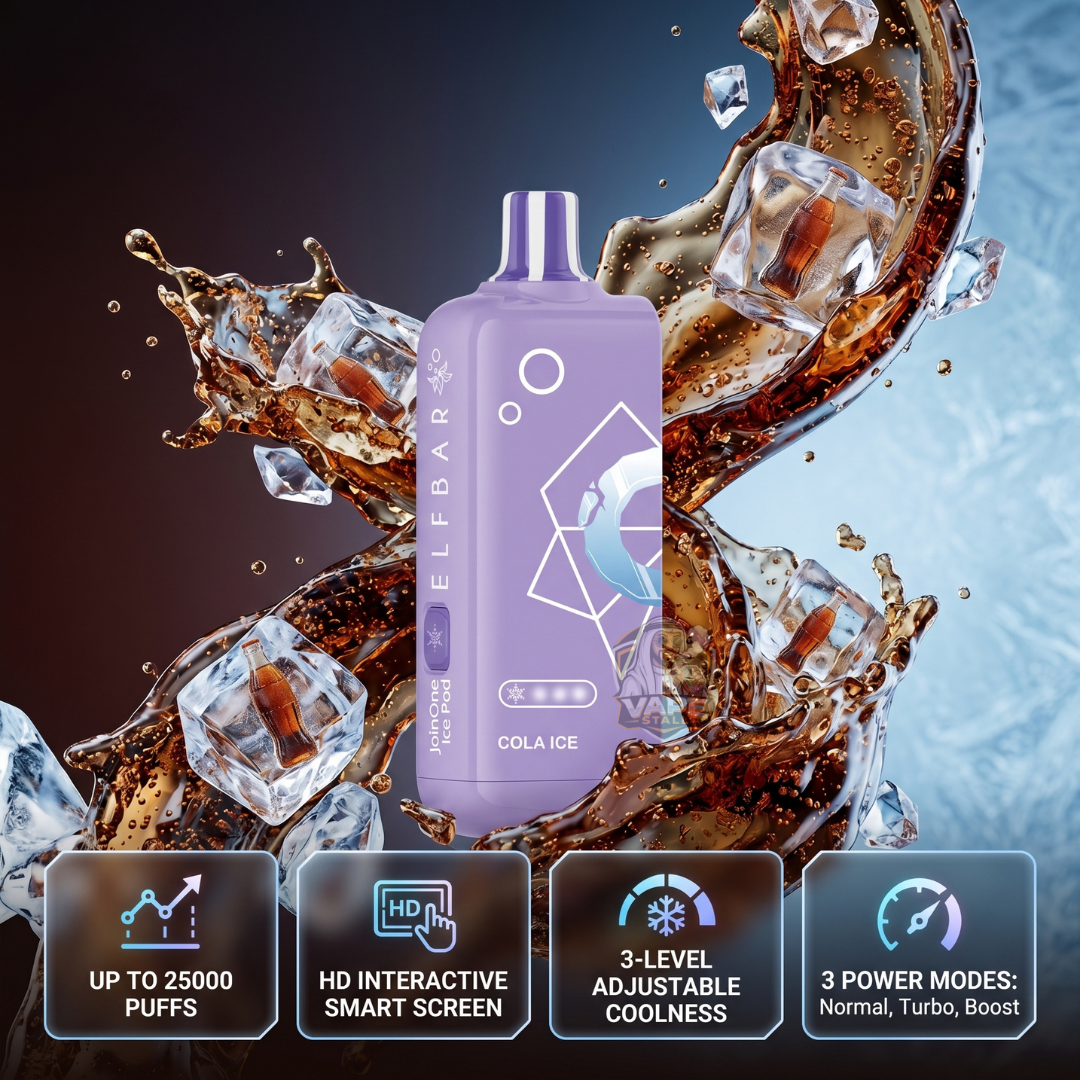ELFBAR JoinOne Ice 25000 Puffs Cola Ice, Purple vape device with cola ice flavor surrounded by ice cubes and cola, featuring product features on a dark background.