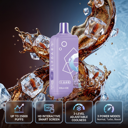 ELFBAR JoinOne Ice 25000 Puffs Cola Ice, Purple vape device with cola ice flavor surrounded by ice cubes and cola, featuring product features on a dark background.